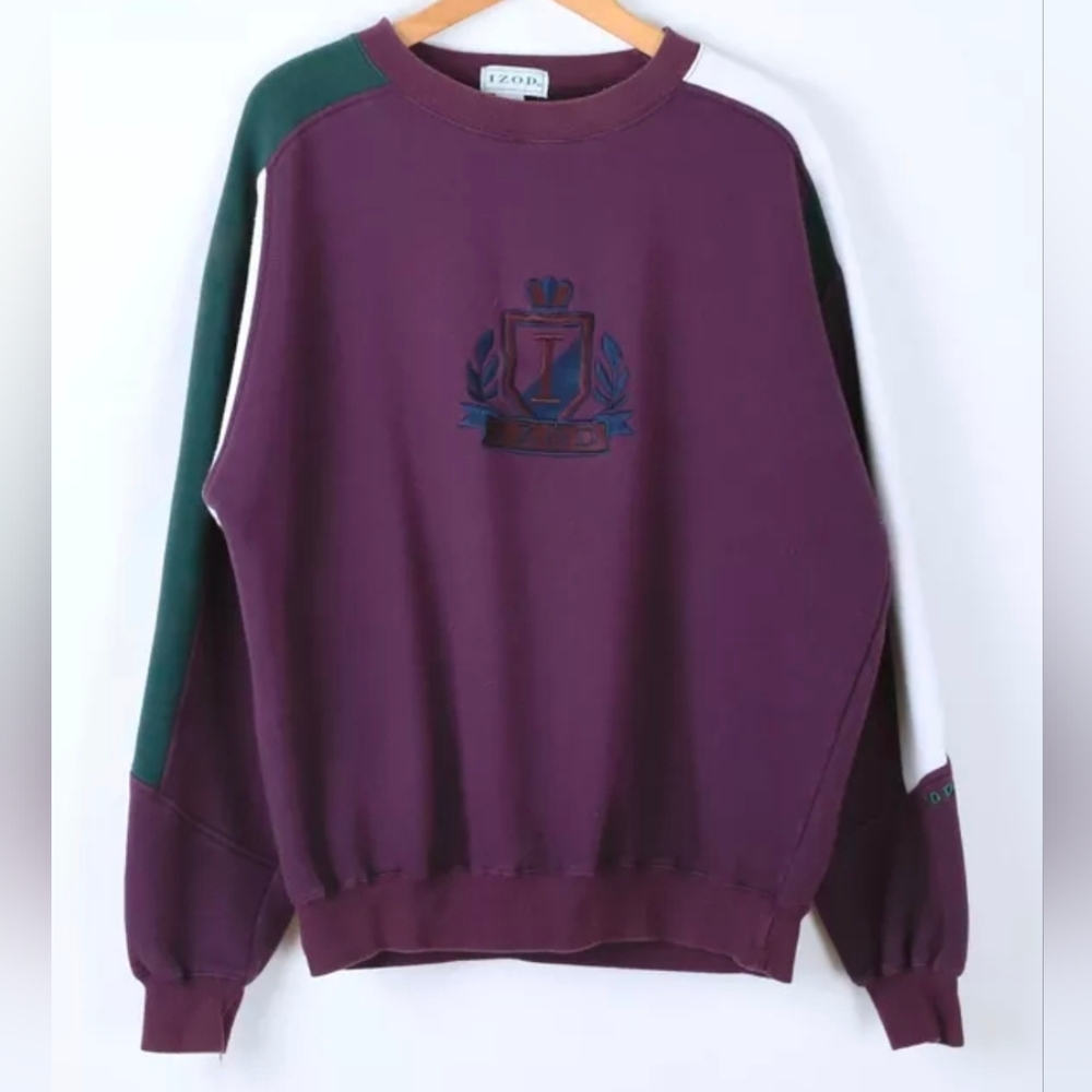 IZOD Sweatshirt Mens Big 1X Maroon/Plum Green Color Block Vintage 90s Crewneck